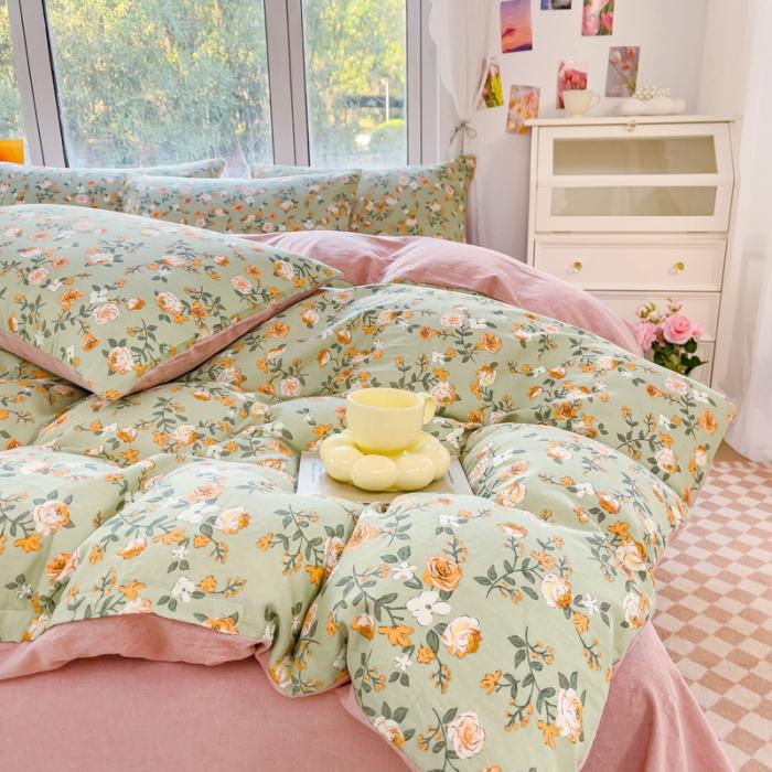 91家纺网 家纺一手货源 找家纺 苏东来2023全棉母婴双层纱印花四件套长绒纯棉麻色织提花磨毛夏被四件套 春暖花开