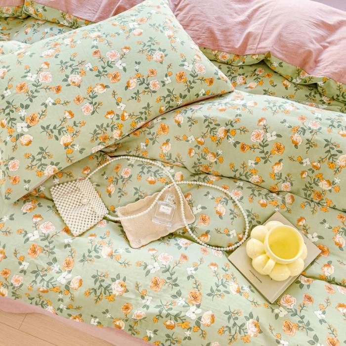 91家纺网 家纺一手货源 找家纺 苏东来2023全棉母婴双层纱印花四件套长绒纯棉麻色织提花磨毛夏被四件套 春暖花开