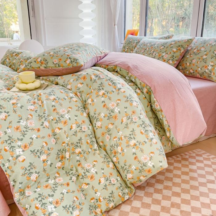 91家纺网 家纺一手货源 找家纺 苏东来2023全棉母婴双层纱印花四件套长绒纯棉麻色织提花磨毛夏被四件套 春暖花开