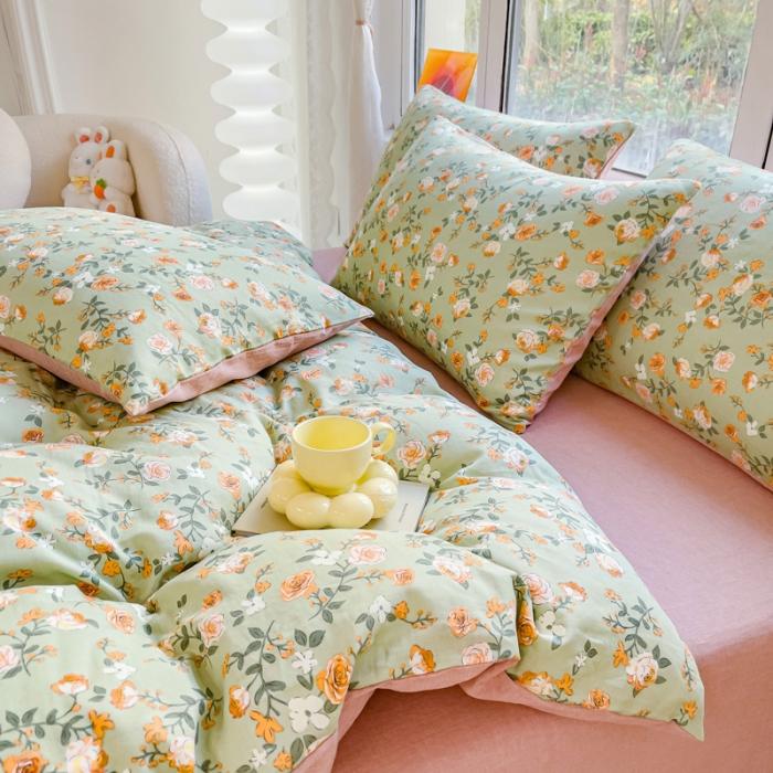 91家纺网 家纺一手货源 找家纺 苏东来2023全棉母婴双层纱印花四件套长绒纯棉麻色织提花磨毛夏被四件套 春暖花开