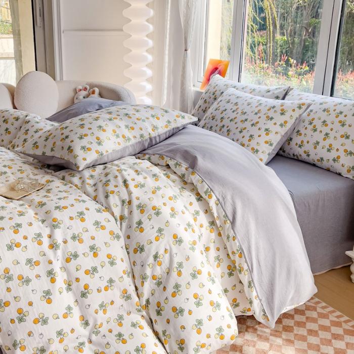 91家纺网 家纺一手货源 找家纺 苏东来2023全棉母婴双层纱印花四件套长绒纯棉麻色织提花磨毛夏被四件套 甜心草莓