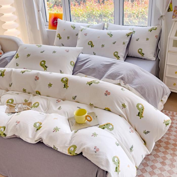 91家纺网 家纺一手货源 找家纺 苏东来2023全棉母婴双层纱印花四件套长绒纯棉麻色织提花磨毛夏被四件套 小恐龙