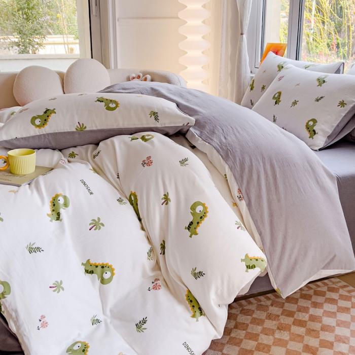 91家纺网 家纺一手货源 找家纺 苏东来2023全棉母婴双层纱印花四件套长绒纯棉麻色织提花磨毛夏被四件套 小恐龙