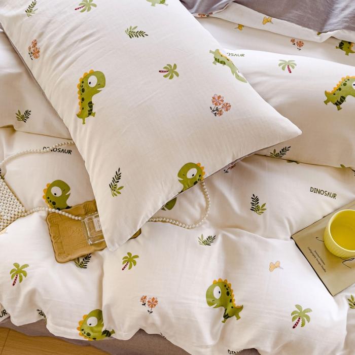 91家纺网 家纺一手货源 找家纺 苏东来2023全棉母婴双层纱印花四件套长绒纯棉麻色织提花磨毛夏被四件套 小恐龙