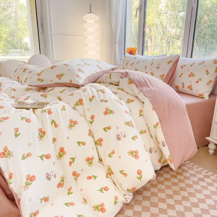 91家纺网 家纺一手货源 找家纺 苏东来2023全棉母婴双层纱印花四件套长绒纯棉麻色织提花磨毛夏被四件套 郁金香