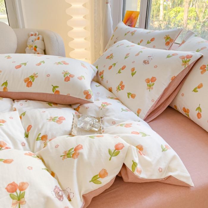 91家纺网 家纺一手货源 找家纺 苏东来2023全棉母婴双层纱印花四件套长绒纯棉麻色织提花磨毛夏被四件套 郁金香