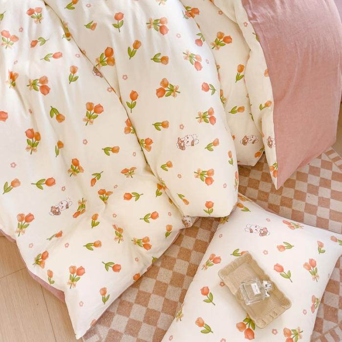 91家纺网 家纺一手货源 找家纺 苏东来2023全棉母婴双层纱印花四件套长绒纯棉麻色织提花磨毛夏被四件套 郁金香