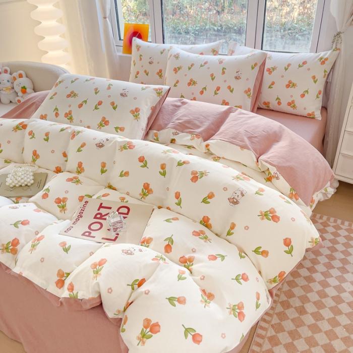 91家纺网 家纺一手货源 找家纺 苏东来2023全棉母婴双层纱印花四件套长绒纯棉麻色织提花磨毛夏被四件套 郁金香