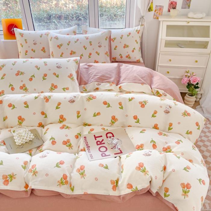 91家纺网 家纺一手货源 找家纺 苏东来2023全棉母婴双层纱印花四件套长绒纯棉麻色织提花磨毛夏被四件套 郁金香