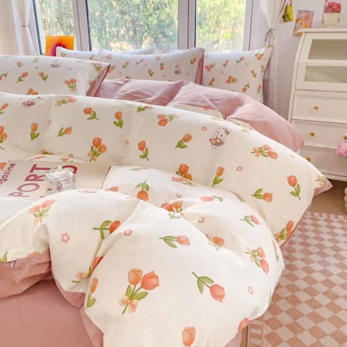 91家纺网 家纺一手货源 找家纺 苏东来2023全棉母婴双层纱印花四件套长绒纯棉麻色织提花磨毛夏被四件套 郁金香