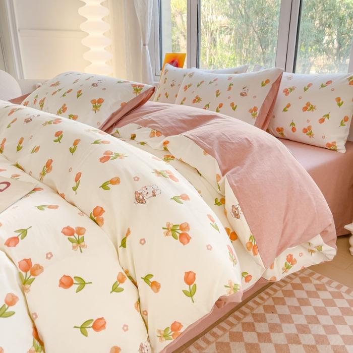 91家纺网 家纺一手货源 找家纺 苏东来2023全棉母婴双层纱印花四件套长绒纯棉麻色织提花磨毛夏被四件套 郁金香