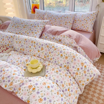 91家纺网 家纺一手货源 找家纺 苏东来2023全棉母婴双层纱印花四件套长绒纯棉麻色织提花磨毛夏被四件套 百花齐放