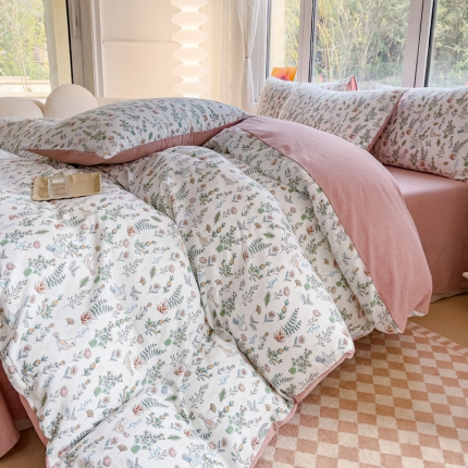 91家纺网 家纺一手货源 找家纺 苏东来2023全棉母婴双层纱印花四件套长绒纯棉麻色织提花磨毛夏被四件套 百花齐放