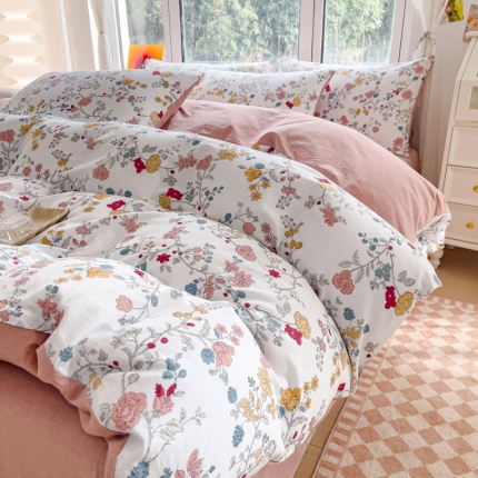 91家纺网 家纺一手货源 找家纺 苏东来2023全棉母婴双层纱印花四件套长绒纯棉麻色织提花磨毛夏被四件套 百花齐放