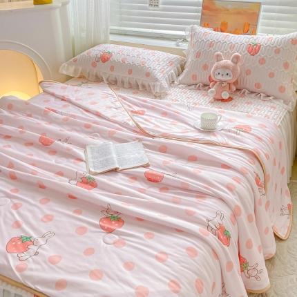 慕澄2023新款小版床裙款雪纺乳胶凉席夏被四件套 草莓小兔