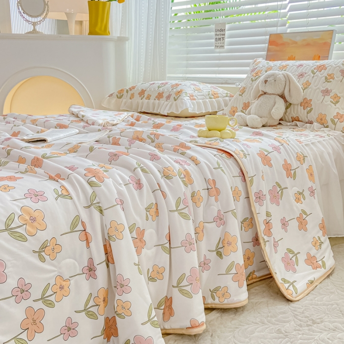 91家纺网 家纺一手货源 找家纺 慕澄2023新款小版床裙款雪纺乳胶凉席夏被四件套 繁星碎花