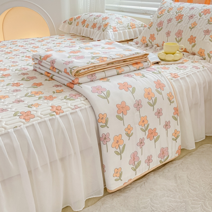 91家纺网 家纺一手货源 找家纺 慕澄2023新款小版床裙款雪纺乳胶凉席夏被四件套 繁星碎花