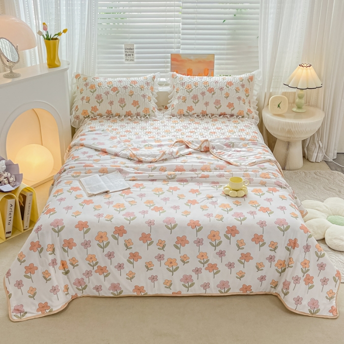 91家纺网 家纺一手货源 找家纺 慕澄2023新款小版床裙款雪纺乳胶凉席夏被四件套 繁星碎花