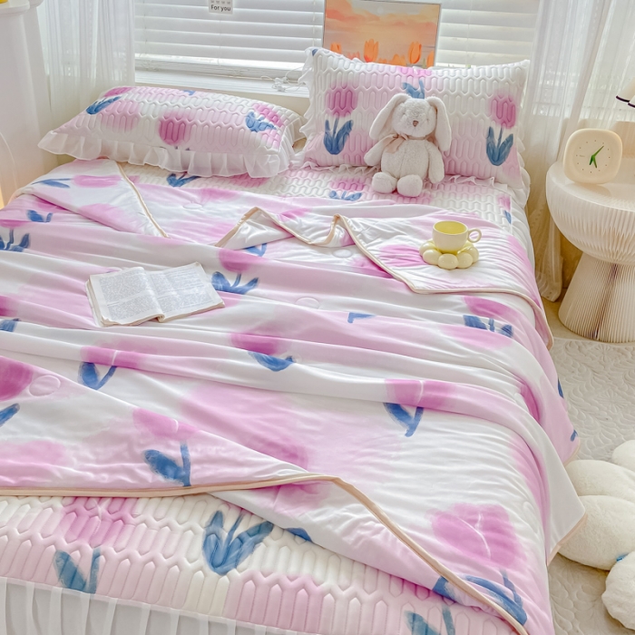 91家纺网 家纺一手货源 找家纺 慕澄2023新款小版床裙款雪纺乳胶凉席夏被四件套 花影