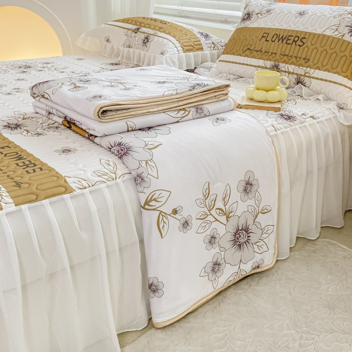 91家纺网 家纺一手货源 找家纺 慕澄2023新款小版床裙款雪纺乳胶凉席夏被四件套 仙草