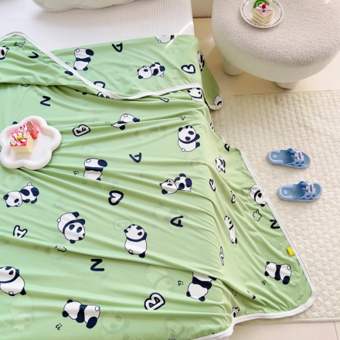 91家纺网 家纺一手货源 找家纺 潮邦2025新款A类多功能针织棉童毯 AB熊猫-绿