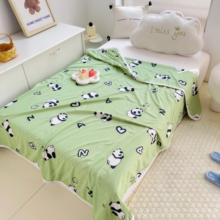 91家纺网 家纺一手货源 找家纺 潮邦2025新款A类多功能针织棉童毯 AB熊猫-绿