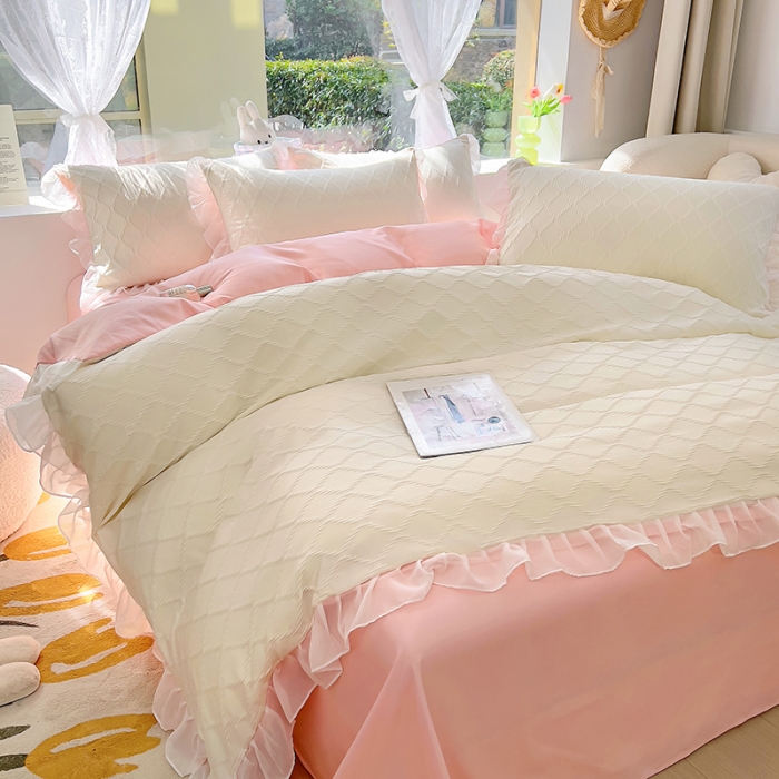 91家纺网 家纺一手货源 找家纺 沐慕 2023新款四件套芝芝系列 芝芝白桃