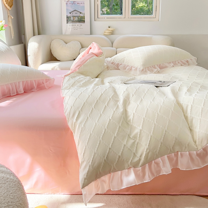 91家纺网 家纺一手货源 找家纺 沐慕 2023新款四件套芝芝系列 芝芝白桃