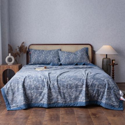 91家纺网 家纺一手货源 找家纺 安莱生活 2023双层纱复古大提花系列落叶缤纷夏被及夏被四件套 落叶缤纷蓝