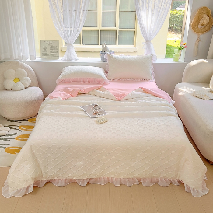 91家纺网 家纺一手货源 找家纺 沐慕 2023新款立体双层纱提花夏被四件套 芝芝白桃