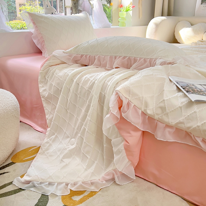 91家纺网 家纺一手货源 找家纺 沐慕 2023新款立体双层纱提花夏被四件套 芝芝白桃