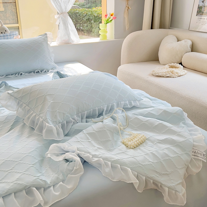 91家纺网 家纺一手货源 找家纺 沐慕 2023新款立体双层纱提花夏被四件套 芝芝蓝蓝