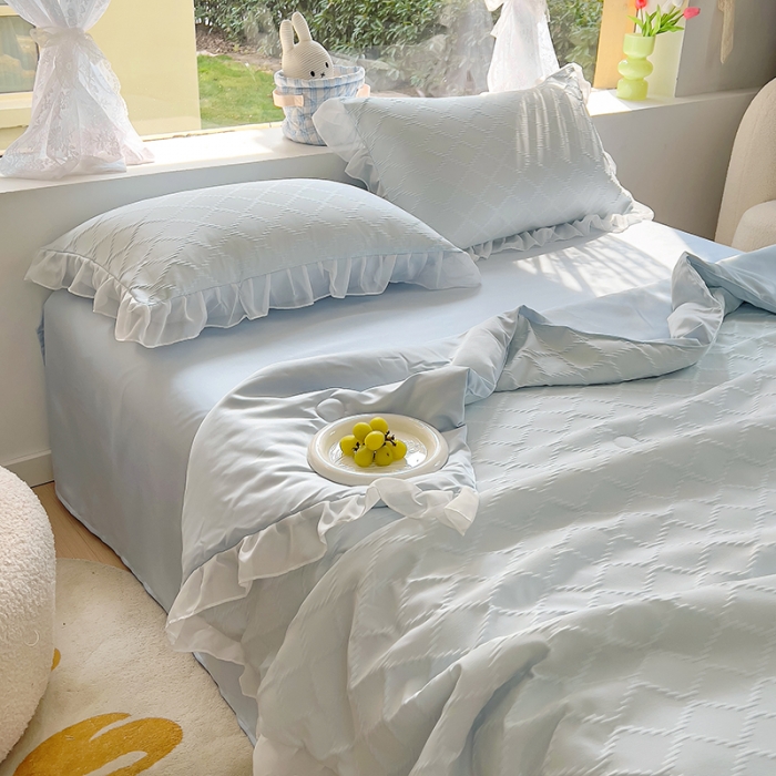 91家纺网 家纺一手货源 找家纺 沐慕 2023新款立体双层纱提花夏被四件套 芝芝蓝蓝