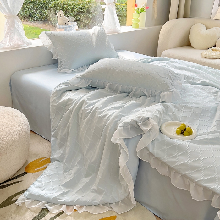 91家纺网 家纺一手货源 找家纺 沐慕 2023新款立体双层纱提花夏被四件套 芝芝蓝蓝