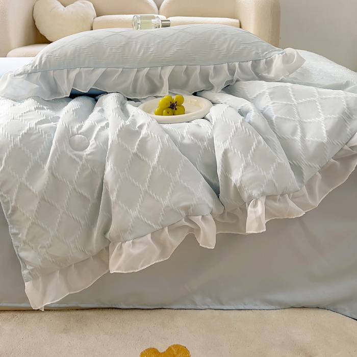 91家纺网 家纺一手货源 找家纺 沐慕 2023新款立体双层纱提花夏被四件套 芝芝蓝蓝