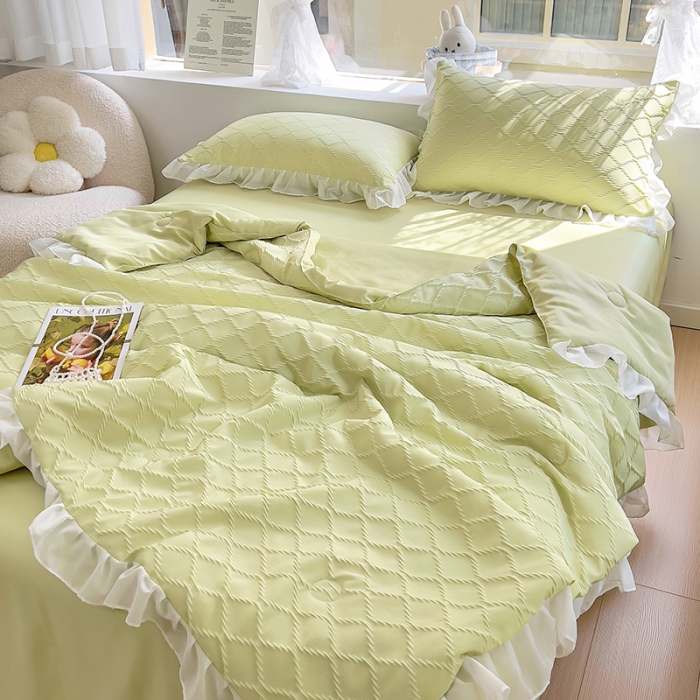 91家纺网 家纺一手货源 找家纺 沐慕 2023新款立体双层纱提花夏被四件套 芝芝抹茶