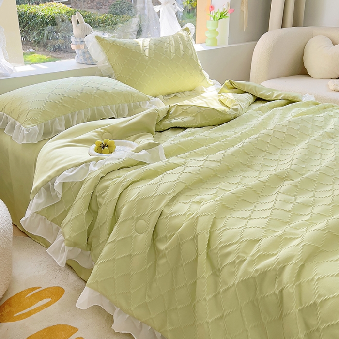 91家纺网 家纺一手货源 找家纺 沐慕 2023新款立体双层纱提花夏被四件套 芝芝抹茶