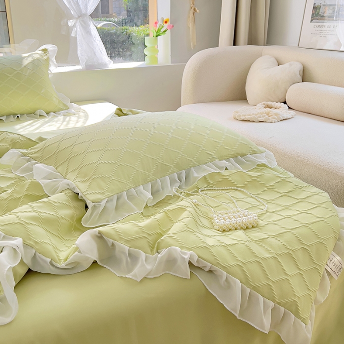 91家纺网 家纺一手货源 找家纺 沐慕 2023新款立体双层纱提花夏被四件套 芝芝抹茶