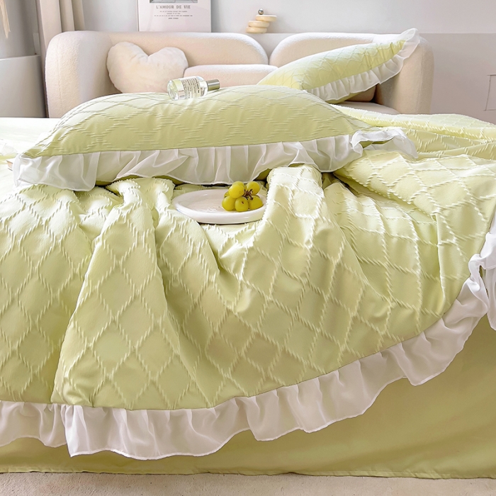 91家纺网 家纺一手货源 找家纺 沐慕 2023新款立体双层纱提花夏被四件套 芝芝抹茶