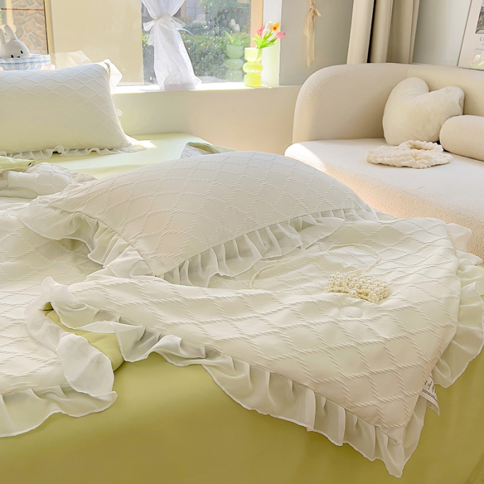 91家纺网 家纺一手货源 找家纺 沐慕 2023新款立体双层纱提花夏被四件套 芝芝奶绿