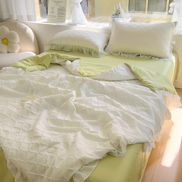 91家纺网 家纺一手货源 找家纺 沐慕 2023新款立体双层纱提花夏被四件套 芝芝奶绿