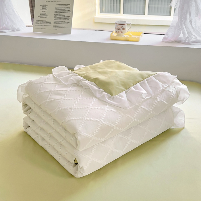 91家纺网 家纺一手货源 找家纺 沐慕 2023新款立体双层纱提花夏被四件套 芝芝奶绿