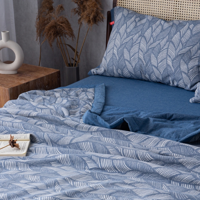 91家纺网 家纺一手货源 找家纺 安莱生活 2023双层纱复古大提花系列落叶缤纷夏被及夏被四件套 落叶缤纷蓝