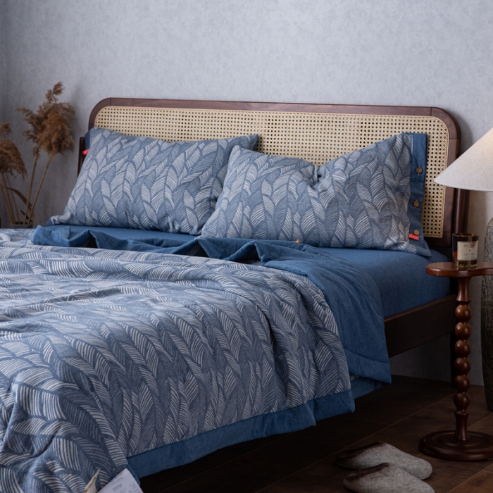 91家纺网 家纺一手货源 找家纺 安莱生活 2023双层纱复古大提花系列落叶缤纷夏被及夏被四件套 落叶缤纷蓝