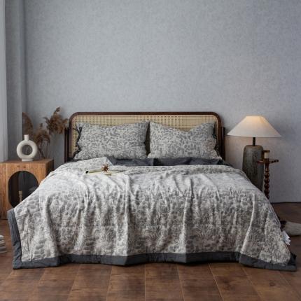 91家纺网 家纺一手货源 找家纺 安莱生活 2023双层纱复古大提花系列栀子花夏被及夏被四件套 栀子花深灰