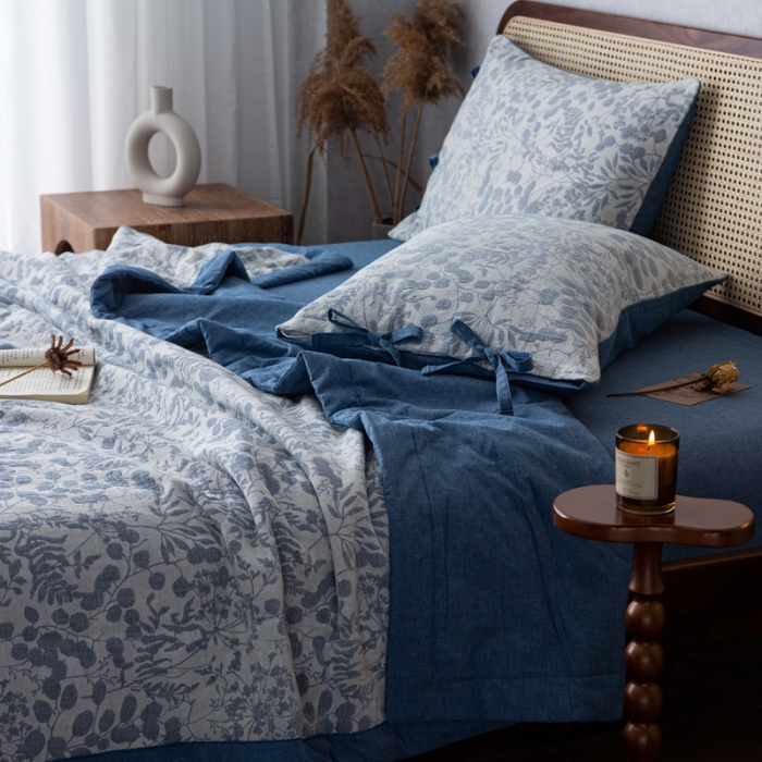 91家纺网 家纺一手货源 找家纺 安莱生活 2023双层纱复古大提花系列栀子花夏被及夏被四件套 栀子花深蓝