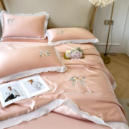 伊人居2024新款玫瑰花蝶刺绣水洗真丝夏被四件套玫瑰花碟温柔粉
