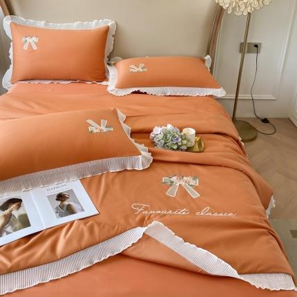 伊人居2024新款玫瑰花蝶刺绣水洗真丝夏被四件套玫瑰花碟艾玛橙