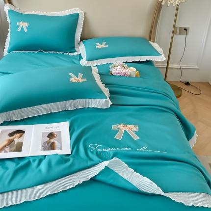 伊人居2024新款玫瑰花蝶刺绣水洗真丝夏被四件套玫瑰花碟高级兰