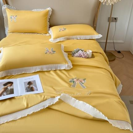 伊人居2024新款玫瑰花蝶刺绣水洗真丝夏被四件套玫瑰花碟优雅黄